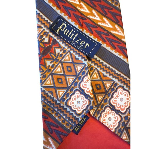 Pulitzer All Silk Vintage Mens Tie Geometric Tribal Pattern Brown Red Orange - Picture 4 of 4